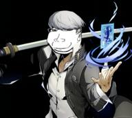 anime arm clothes ear eyelids glasses hair hand jacket megami_tensei no_eyebrows persona small_eyes smile soyjak stubble subvariant:massjak subvariant:wholesome_soyjak sword variant:gapejak white_hair yu_narukami // 587x524 // 500.7KB