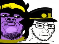 2soyjaks anime cap closed_mouth clothes glasses hat jojos_bizarre_adventure kujo_jotaro mustache purple_skin soyjak stand_(jojo) star_platinum stubble variant:a24_slowburn_soyjak variant:soyak // 493x367 // 88.5KB