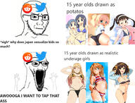 2soyjaks anime arm asuka breasts closed_mouth concerned female frown glasses hand hands_up japan logo loli meme meta:tagme open_mouth pedophile reddit soyjak stubble subvariant:wewjak text twitter variant:soyak // 1437x1091 // 911.0KB