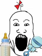 baby baby_bottle bald balding bottle hair_ribbon maracas milk open_mouth plastic_bottle rattle soyjak stretched_chin stretched_mouth toy variant:markiplier_soyjak white_background // 598x800 // 240.0KB