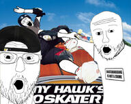 3soyjaks arm cap clothes glasses hand hat irl_background open_mouth pointing skateboard soyjak stubble tony_hawk tony_hawks_pro_skater variant:markiplier_soyjak variant:two_pointing_soyjaks video_game // 900x711 // 178.7KB