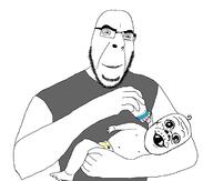 2soyjaks baby clothes deformed diaper father full_body glasses holding_bottle holding_object mustache piss plastic_bottle smile soyjak stubble subvariant:jacobson variant:a24_slowburn_soyjak variant:cobson // 2122x1805 // 176.3KB