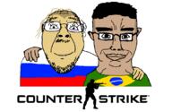 2soyjaks black_eye brazil brown_skin closed_mouth clothes counter_strike ear flag flag:brazil flag:russia friendship glasses hair hand mustache russia smile soyjak stubble subvariant:chudjak_front variant:bernd variant:chudjak yellow_skin // 1102x720 // 30.0KB