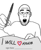 flag glasses hand heart holding_object i_heart_nigger open_mouth pen signature soyjak stubble text tranny variant:shirtjak // 895x1080 // 102.4KB