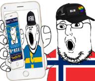 black_lives_matter cap clothes country cross ear fail flag flag:lgbt_pride_flag flag:norway flag:sweden glasses hat holding_object holding_phone iphone islam knowyourswede lgbt multiple_soyjaks norway open_mouth phone raised_fist_(symbol) soyjak stubble sweden swedish_win tshirt variant:impish_soyak_ears variant:norwegian // 796x685 // 382.7KB