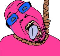 antialiased crying doll_(user) glasses hanging open_mouth pink_skin rope soyjak stubble suicide tongue variant:bernd yellow_teeth // 617x577 // 136.0KB