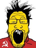 antenna asian clothes communism glasses hair hammer_and_sickle open_mouth reddit small_eyes soyjak stubble variant:markiplier_soyjak yellow // 600x800 // 51.8KB