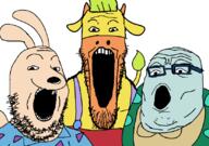 3soyjaks beard cartoon clenched_teeth clothes cow filburt_shellbach glasses hair heffer_wolfe nickelodeon open_mouth rocko_rama rockos_modern_life soyjak soyjak_trio stretched_mouth stubble tail turtle variant:gapejak variant:markiplier_soyjak variant:tony_soprano_soyjak wallaby // 828x581 // 53.1KB