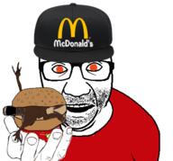 2soyjaks black_skin bread cap clothes fingerboy food glasses hamburger hand hat mcdonalds orange_eyes perro_hold reddit soyjak stubble variant:a24_slowburn_soyjak variant:el_perro_rabioso // 430x400 // 127.5KB