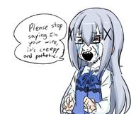 anime bloodshot_eyes blue_hair chino_kafuu crying female glasses gochiusa hair open_mouth scared soyjak speech_bubble stubble text variant:soyak // 813x688 // 301.3KB