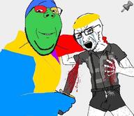 2soyjaks arm blood colorful glasses hair hand holding_knife holding_object knife leg murder nazism open_mouth push_pin soyjak sticky stubble swastika variant:a24_slowburn_soyjak variant:soyak yellow_hair // 692x598 // 83.1KB