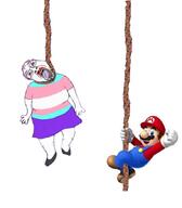 ack arm bloodshot_eyes clothes crying full_body glasses hand hanging leg lipstick mario nintendo open_mouth purple_hair rope shoe skirt soyjak stubble suicide tongue tranny variant:bernd video_game yellow_teeth // 766x874 // 270.3KB