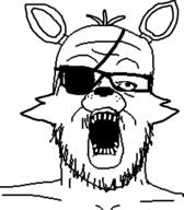 animal ear eyepatch five_nights_at_freddy's five_nights_at_freddy's_1 fox foxy_(fnaf) glasses open_mouth snout soyjak stubble variant:a24_slowburn_soyjak video_game // 454x520 // 16.0KB