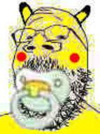 baby babyjak black_eyes glasses pacifier pikachu pokemon small_eyes soyjak stubble variant:gapejak yellow_skin // 93x125 // 4.6KB