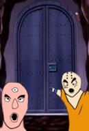 2soyjaks anime clothes door dragon_ball krillin multiple_eyes open_mouth pointing soyjak tenshinhan tien tienshinhan variant:two_pointing_soyjaks // 250x368 // 105.4KB