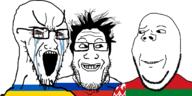 3soyjaks are_you_soying_what_im_soying belarus bloodshot_eyes crying flag flag:belarus flag:russia flag:ukraine glasses hair looking_at_each_other open_mouth russia russo_ukrainian_war smile smirk soyjak stretched_mouth stubble subvariant:wholesome_soyjak ukraine variant:gapejak variant:markiplier_soyjak variant:soyak // 1779x887 // 471.7KB