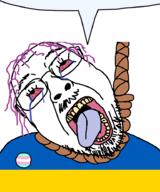 badge bloodshot_eyes crying flag glasses hair hanging mustache oink open_mouth purple_hair rope soyjak speech_bubble speech_bubble_empty stubble suicide tongue tranny ukraine variant:bernd yellow_teeth // 768x919 // 48.3KB