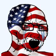 bloodshot_eyes country crying flag glasses open_mouth soyjak star stubble united_states variant:soyak // 555x552 // 298.3KB