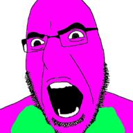 angry barney glasses open_mouth purple_skin soyjak stubble variant:cobson // 628x627 // 124.3KB