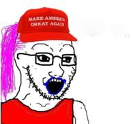 cap clothes donald_trump glasses hair hat maga makeup open_mouth politics purple_hair sleeveless_shirt soyjak stubble tranny variant:soyak // 603x570 // 281.3KB