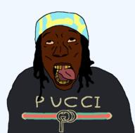 alternate black_skin bloodshot_eyes clothes gucci hair kaicenat nigger open_mouth soyjak text tongue variant:rizzjak yellow_teeth // 749x736 // 15.6KB