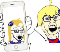 2soyjaks angry arm badge blue_eyes clothes female glasses hair hand holding_object holding_phone iphone jacket knowyourmeme necktie open_mouth ornament phone soyjak stubble variant:feraljak variant:soyak white_skin yellow_hair // 1080x942 // 441.9KB