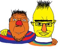 2soyjaks bert clothes ernie eyelashes friendship glasses hair mustache orange sesame_street smile soyjak stubble subvariant:chudjak_front variant:bernd variant:chudjak yellow // 703x580 // 169.1KB